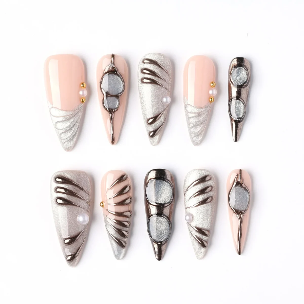Pearl Chrome Feather, press-on nail set, stiletto, long