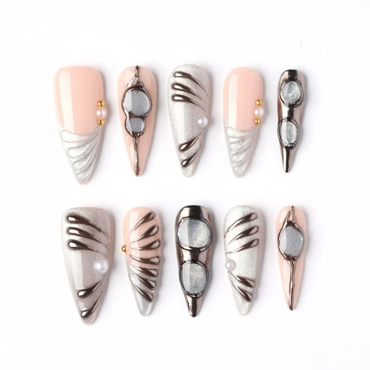 Pearl Chrome Feather, press-on nail set, stiletto, long