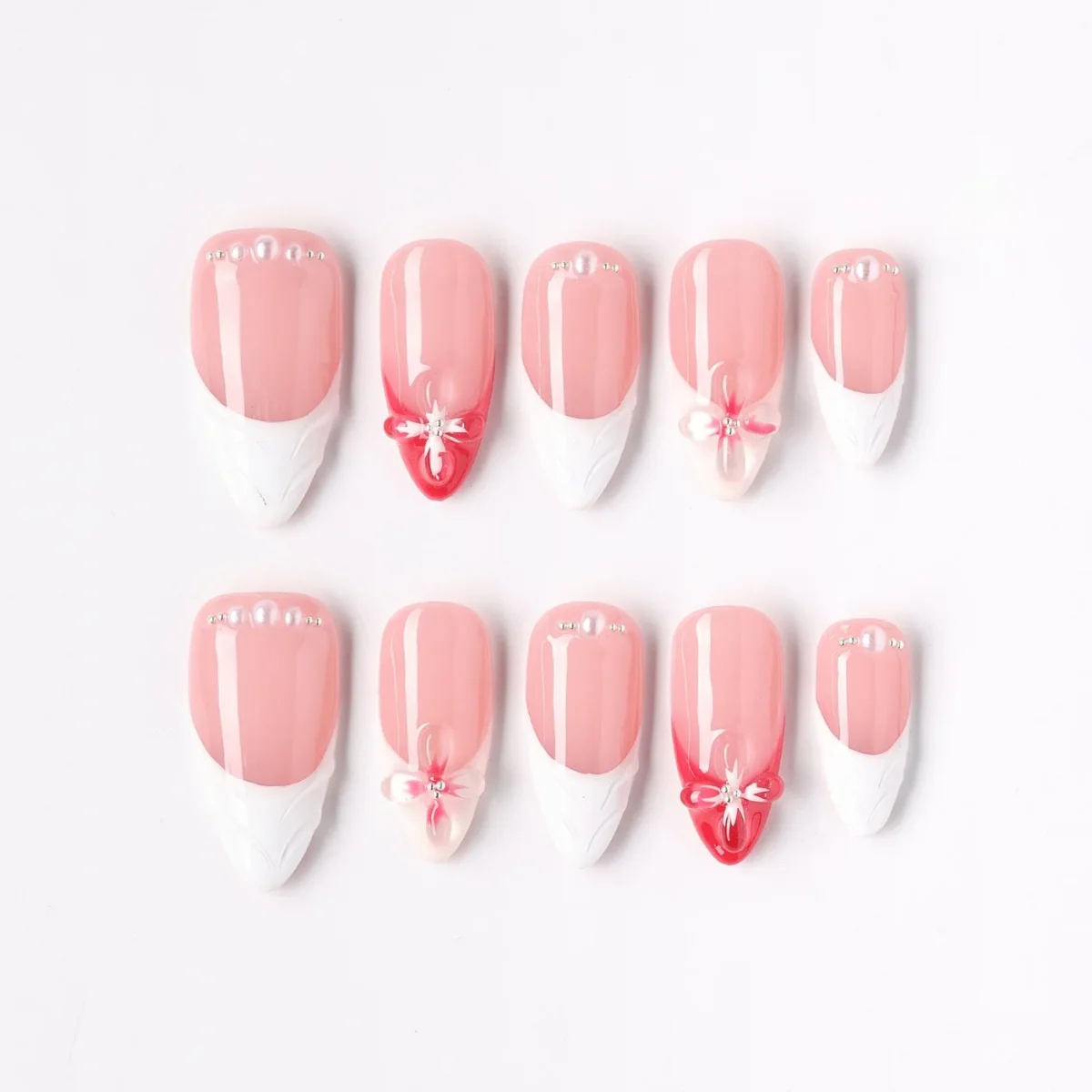 Pearl Rosette, press-on nail set, almond, medium