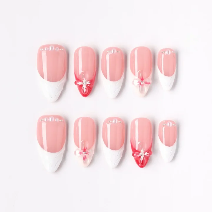 Pearl Rosette, press-on nail set, almond, medium