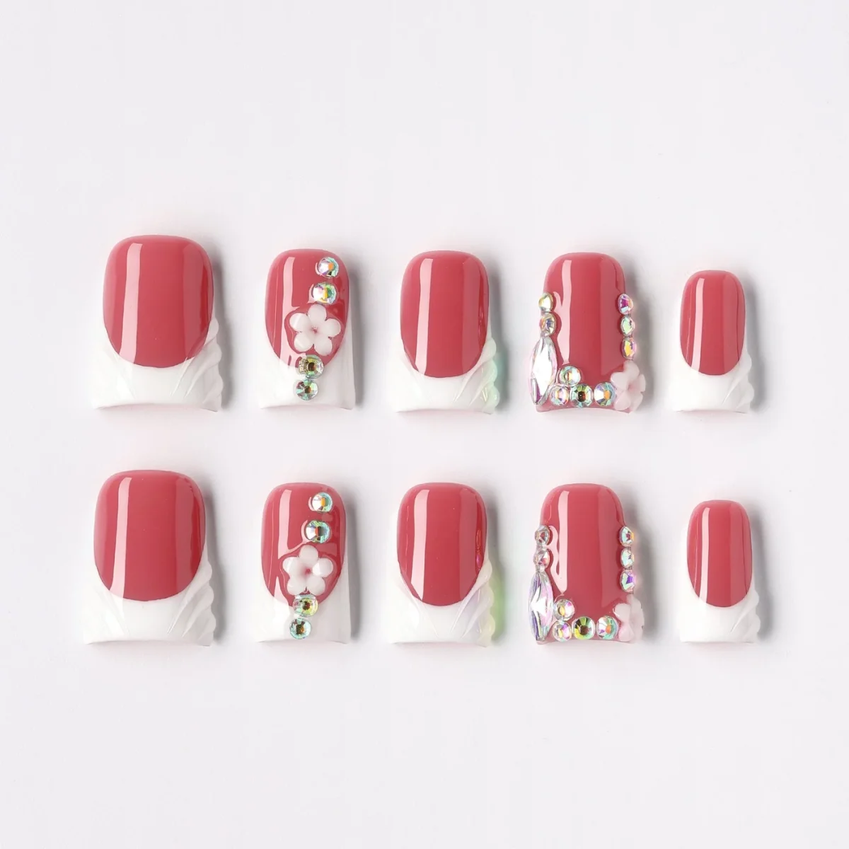 Petal Crystal, press-on nail set, coffin, short