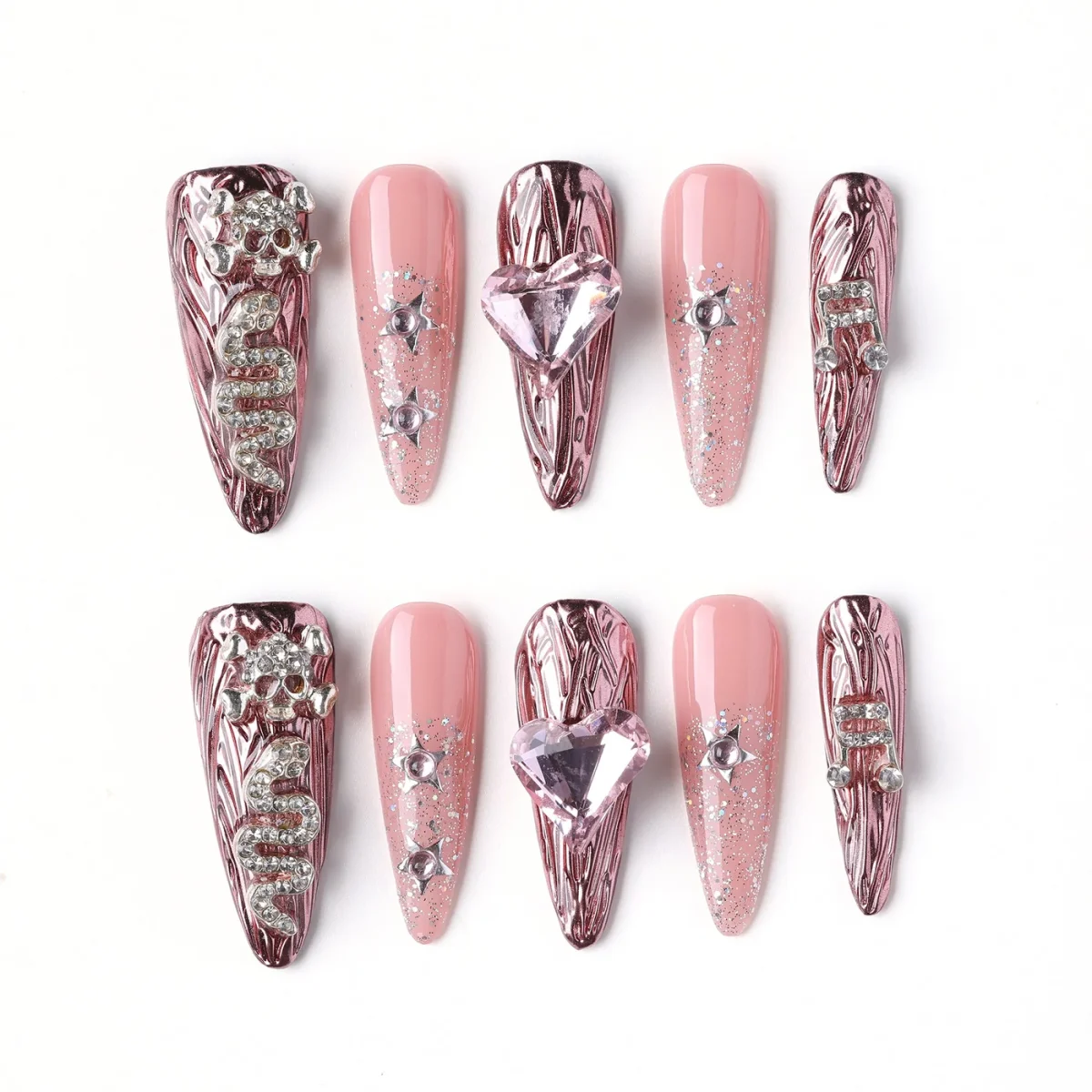 Pink Chrome Serpent, press-on nail set, stiletto, long