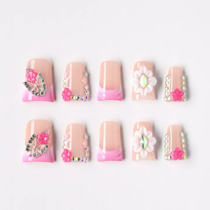 Pink Flutter, press-on nail set, coffin, short