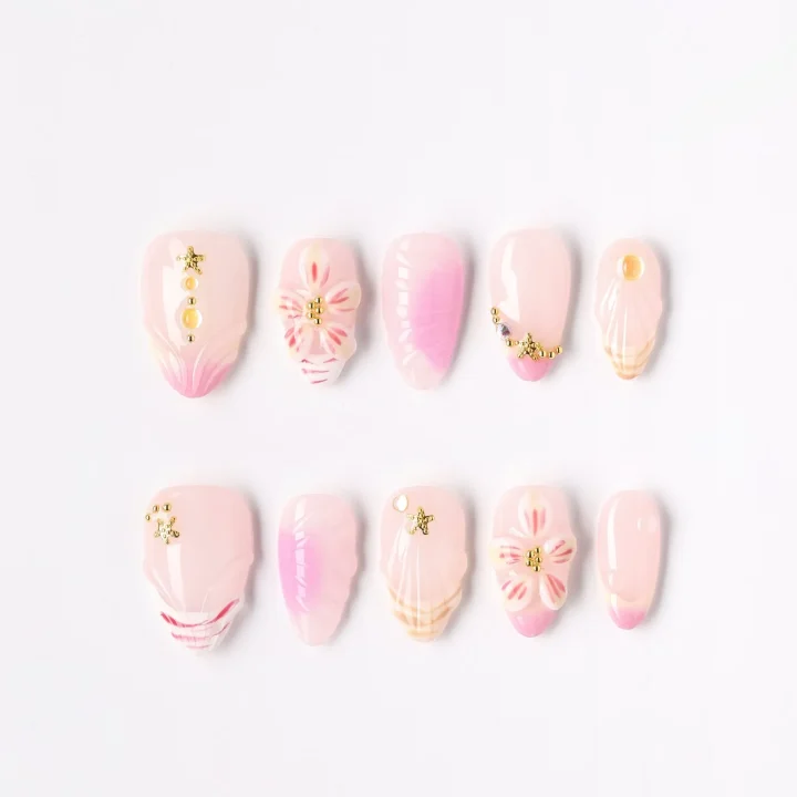 Pink Meadow, press-on nail set, almond, short