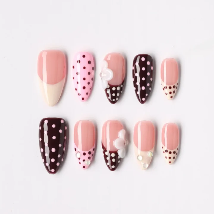 Polka Bloom, press-on nail set, almond, medium