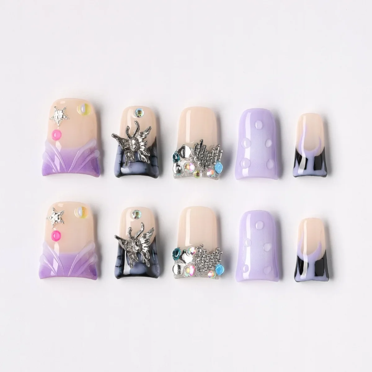 Purple Heart, press-on nail set, coffin, short