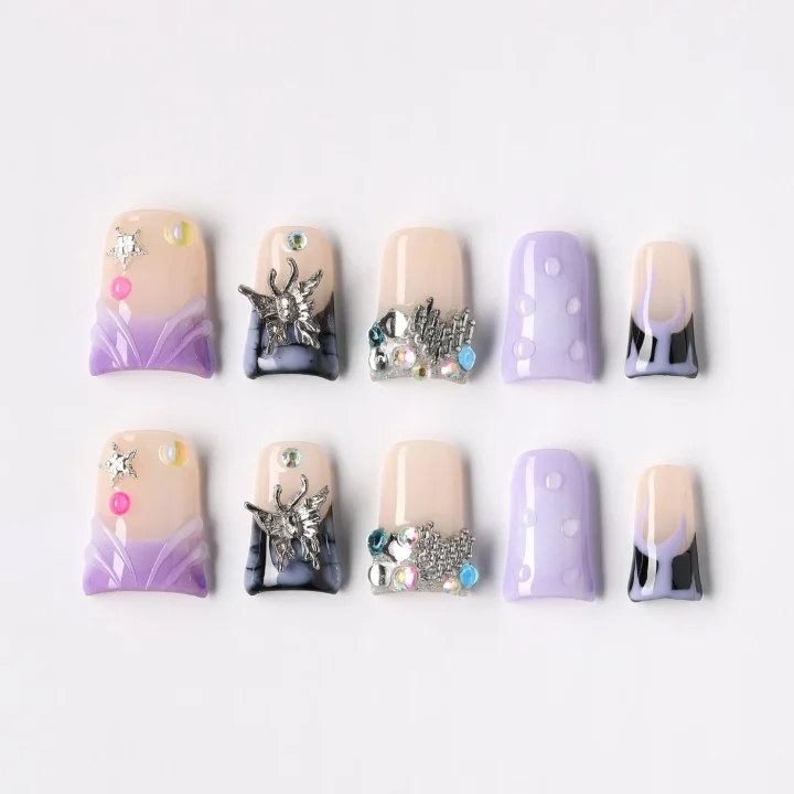 Purple Heart, press-on nail set, coffin, short