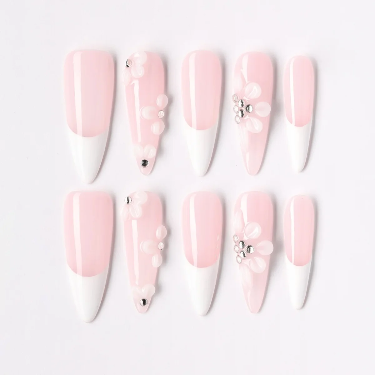 Rose French Long, press-on nail set, almond, long