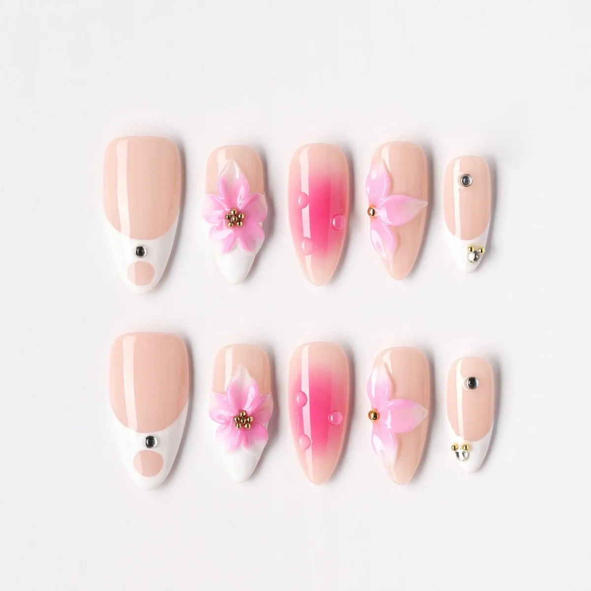 Rose French Medium, press-on nail set, almond, medium