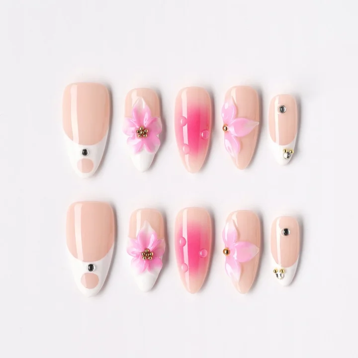 Rose French Medium, press-on nail set, almond, medium