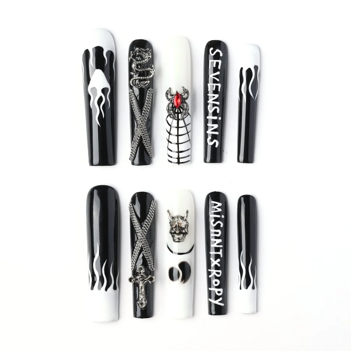 Seven Sins Flame, press-on nail set, tunnel, long