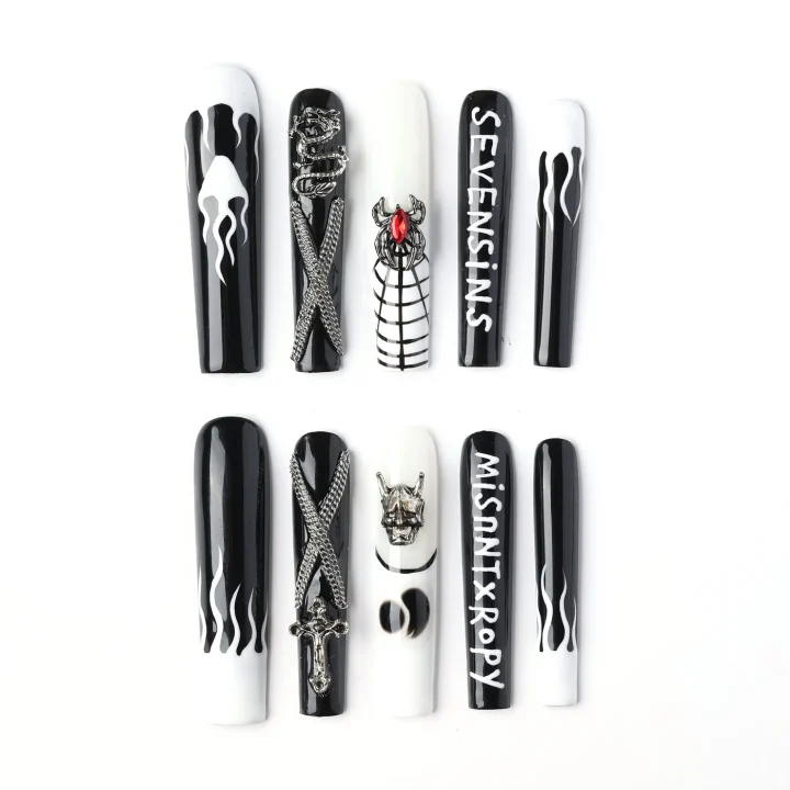 Seven Sins Flame, press-on nail set, tunnel, long
