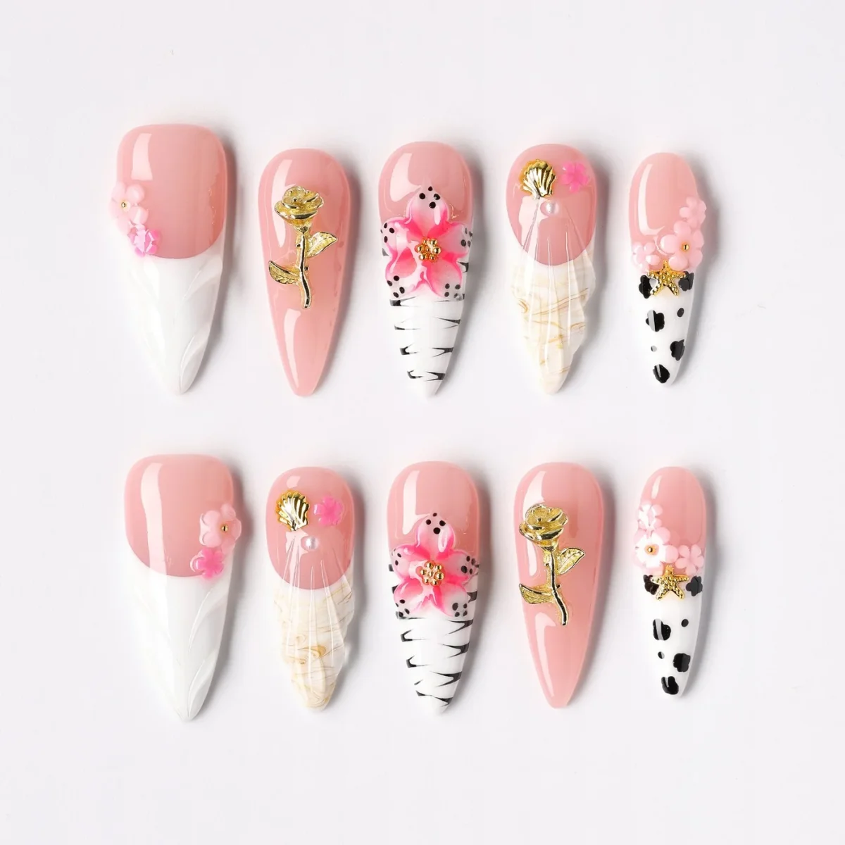 Sketch Bloom, press-on nail set, almond, long