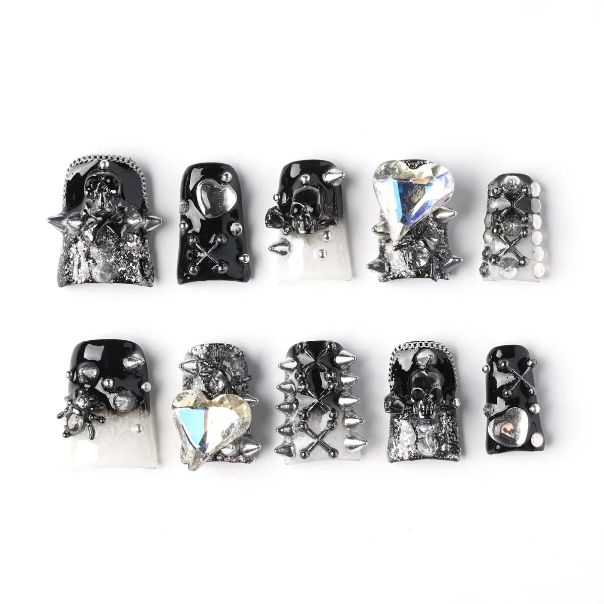 Skull & Spikes Noir, press-on nail set, coffin, short