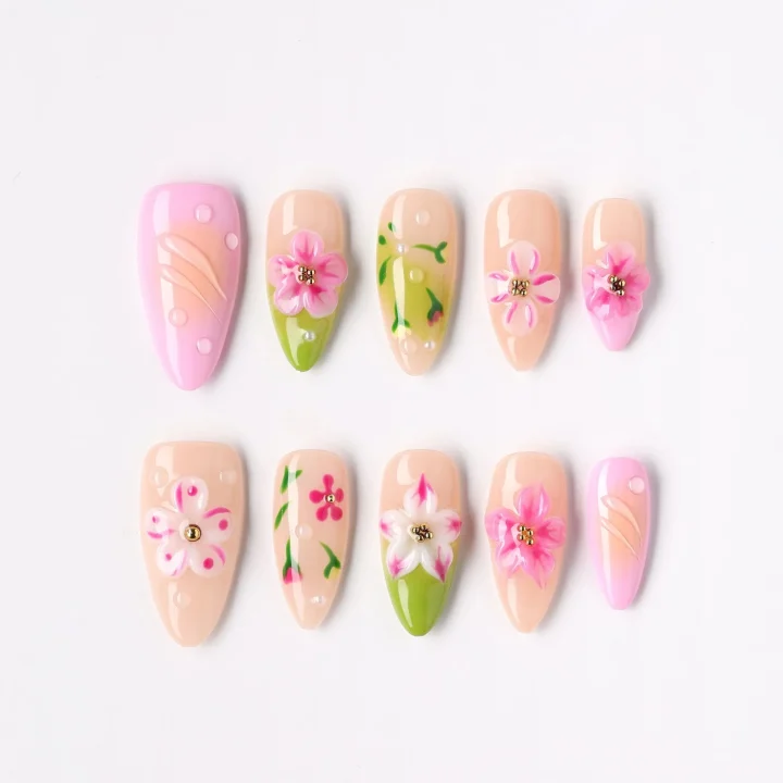 Spring Bouquet, press-on nail set, almond, medium