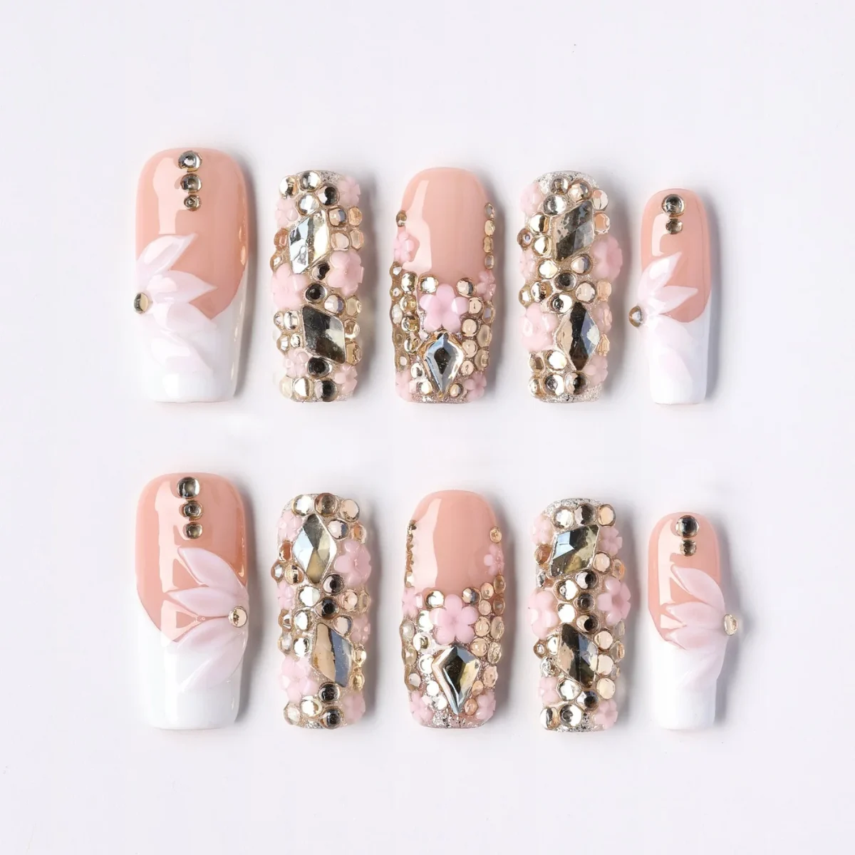 Square Bloom, press-on nail set, square, medium-long