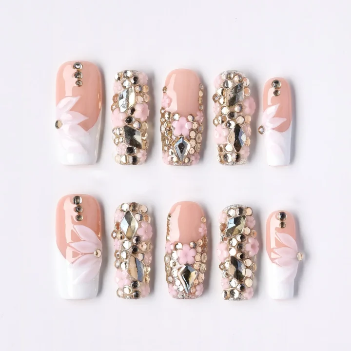 Square Bloom, press-on nail set, square, medium-long