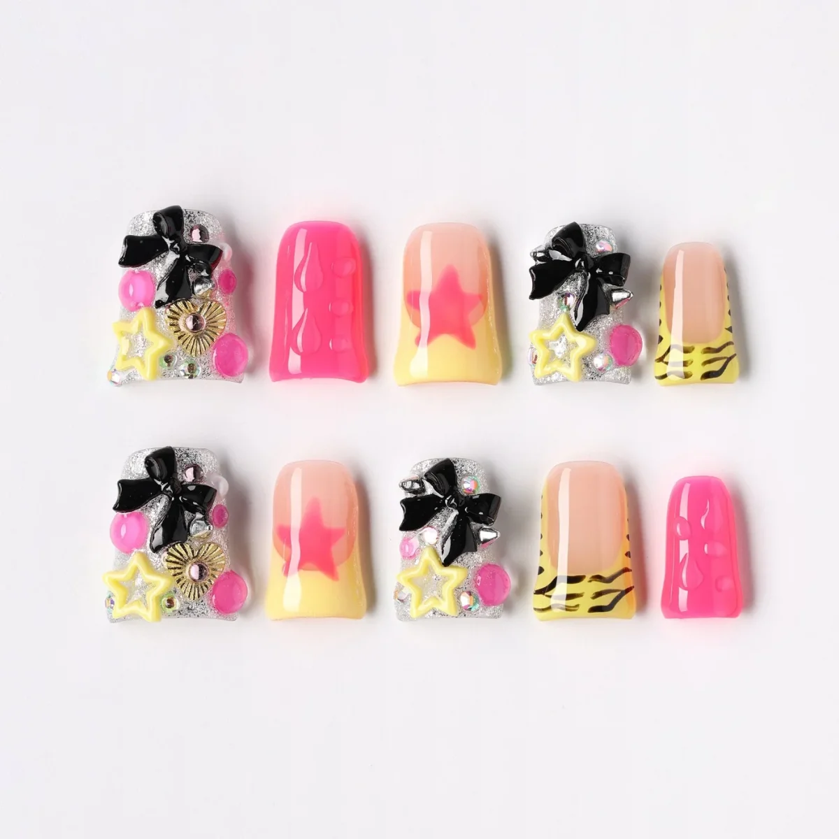 Starry Bow, press-on nail set, coffin, short