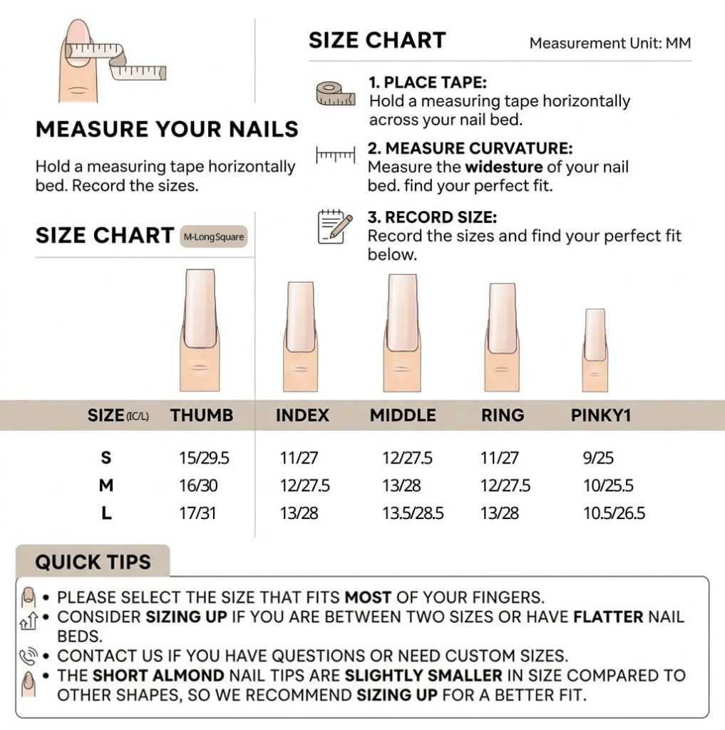 Size chart for medium-long square press-on nails (mm)